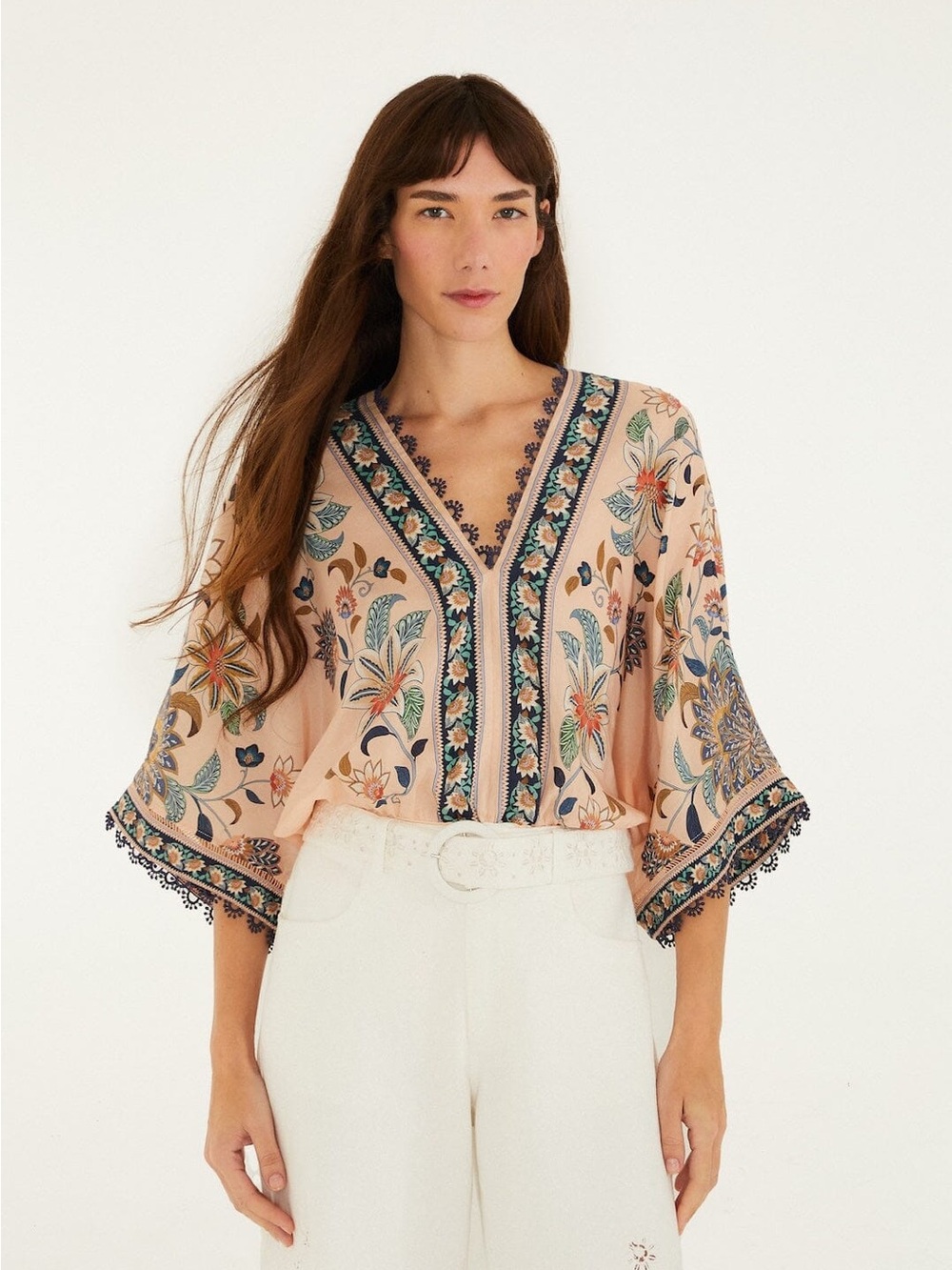 Farm Rio Soft Pink Floral Delhi Tapestry Kimono Sleeve Bodysuit